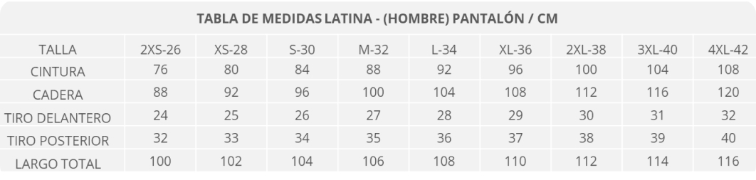 tabla de tallas de pantalones para hombre