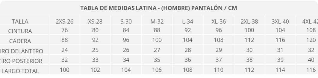 tabla de tallas de pantalones para hombre