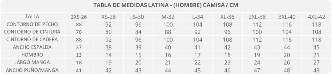 tabla de tallas de camisas para hombre