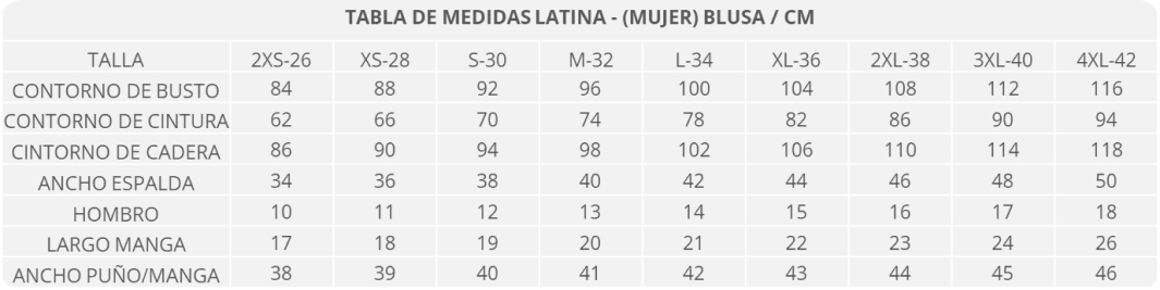 tabla de tallas de camisas para mujer