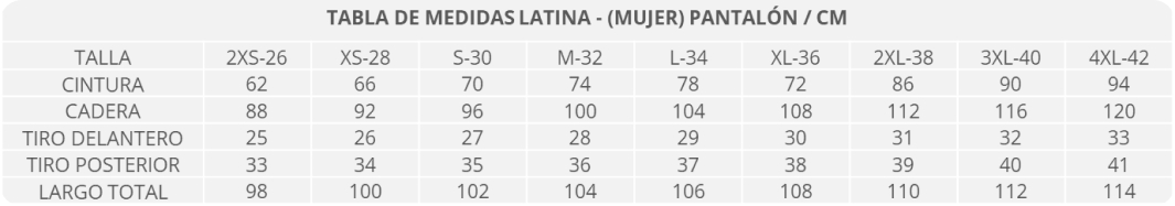 tabla de tallas de pantalones para mujer